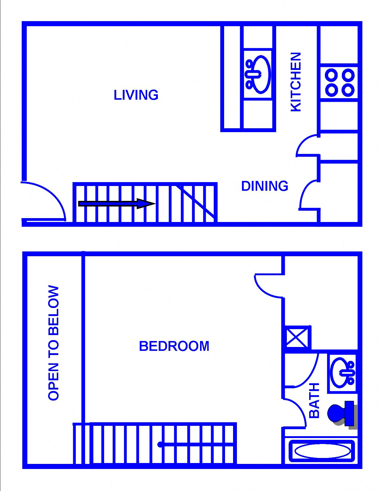 Floor plan for 1 bed, 1 bath, 832 sqft